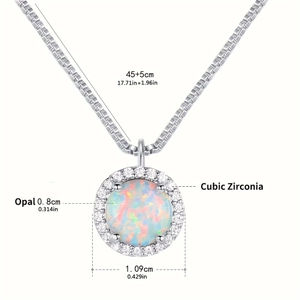 Elegant 8mm round opal necklace with cubic zirconia halo and adjustable silver chain