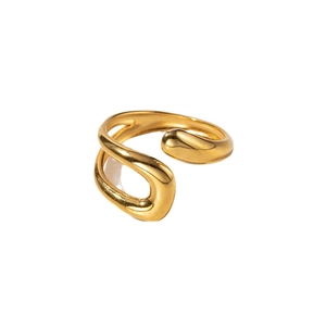 Minimalist gold liquid metal irregular open ring with polished fluid surface for women