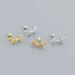 Sparkling S925 silver triple star stud earrings with zircon stones and screw back design