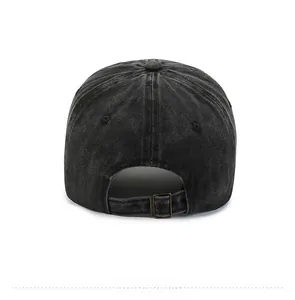 Adjustable metal buckle and washed denim texture on the back of the black baseball cap