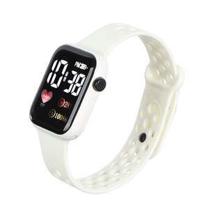 White sports LED electronic watch with luminous display showing heart rate and steps