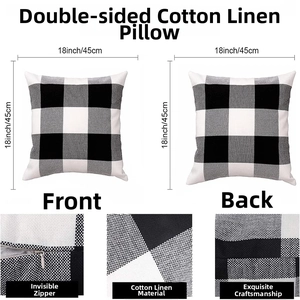 Detail of checkered pillow cover showing hidden zipper and durable cotton linen texture