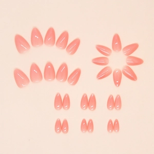 Glossy peach pink almond shaped press-on nails set with jelly texture finish