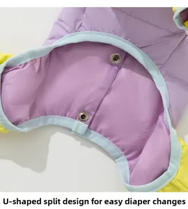 Detail of pet vest with U-shaped belly slit for easy bathroom use and metal snaps