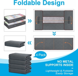 Detail of 4-pack foldable non-woven storage bags showing easy folding steps and grey fabric