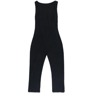 Flat lay of a black sleeveless slim-fit bodysuit with an open-back design on white background