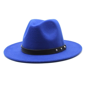 Detail of blue wool fedora hat featuring black leather band with silver metal studs