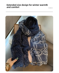 Detail of navy blue cotton linen scarf with white polka dots and geometric patterns