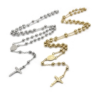 Polished 6mm stainless steel beaded cross necklace set in gold and silver finish