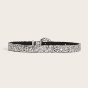 Women's sparkling silver sequin belt with a round rhinestone buckle for fashion outfits