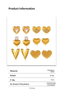 Detailed table showing 6 pairs of 18K gold-plated stainless steel heart earrings and specs