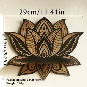 Wooden lotus wall shelf with mandala patterns showing dimensions of 29cm by 23.5cm