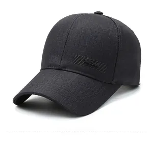 Detailed side view of black cotton baseball cap with textured SPORT embossing on the side