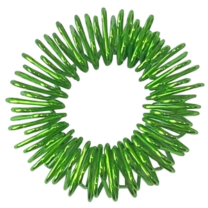 Detailed view of green metallic spring finger massage ring for stress relief and therapy