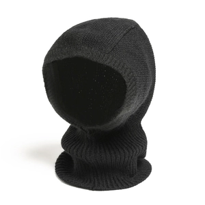 Close-up of the black ribbed knit fabric texture on the winter balaclava mask hood