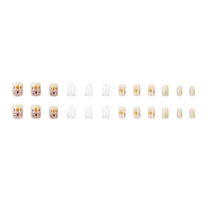 24-piece short square fake nails featuring cute orange and bear patterns with glitter