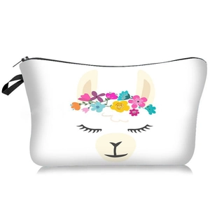 Portable white alpaca makeup bag with floral crown print and black zipper strap