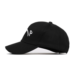 Classic black cotton baseball cap featuring white side embroidery and curved brim