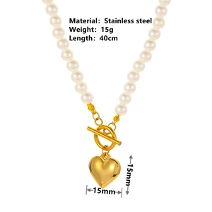 Stainless steel pearl necklace with golden heart pendant and T-bar toggle clasp