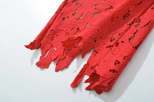 Close-up of red floral lace embroidery showing detailed hollow-out texture on the dress