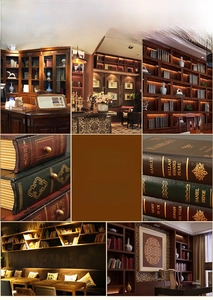 Collage of vintage book-style storage boxes with gold embossing for office decor