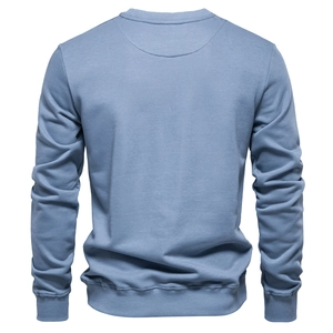 Rear view of haze blue crew neck sweatshirt in premium knitted cotton fabric