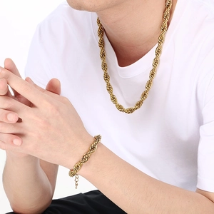 Men's hip hop 10mm gold stainless steel twist chain necklace and bracelet set on model