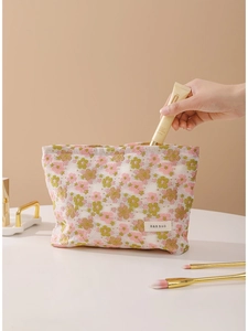 Floral cotton makeup bag with large capacity and portable design for travel storage