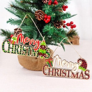 Merry Christmas wooden sign ornaments with red and green plaid for Christmas tree decor