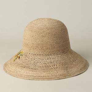 Wide brim raffia sun hat with yellow flower embroidery for summer beach outings
