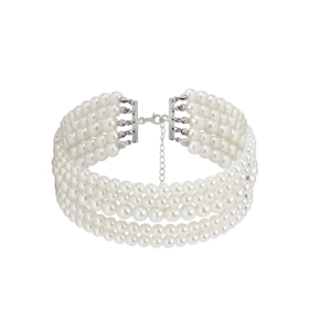 Detail of five-layer pearl choker with silver adjustable clasp on white background