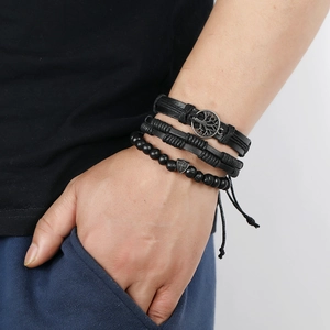 Mens vintage black leather tree of life bracelet set with woven ropes and matte beads