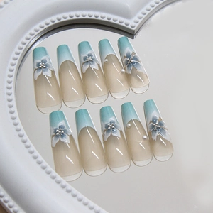 French blue gradient press-on nails with 3D orchid flowers and pearls decorations