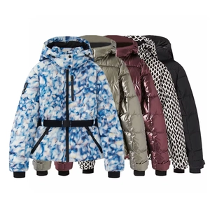 Women's hooded ski jackets with waist belts in various colors and patterns