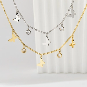Elegant stainless steel butterfly anklets in gold and silver finish with zircon charms