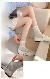Detail of ruffled lace cuffs and vertical ribbed texture on sweet white and grey crew socks
