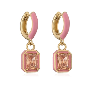 Detail of pink enamel square earrings with gold plating and champagne zirconia stones