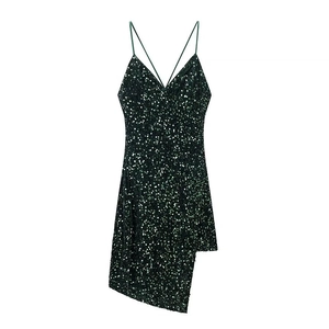 Women Sequin Camisole Mini Dress Deep V Neck Sleeveless Asymmetrical Hem Backless Criss Cross Sexy Party Evening