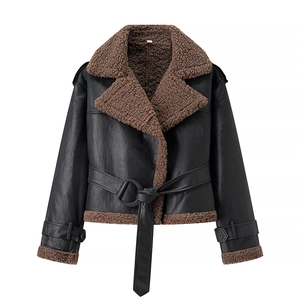 Women's black faux leather aviator jacket with brown fleece lining and matching waist belt