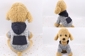 Detail of pet hoodie with navy denim pocket and grey knit fabric stitching