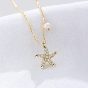 925 Sterling Silver Starfish Pendant Necklace With Artificial Pearl And Rhinestone Minimalist Clavicle Chain Jewelry For Women