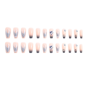 Blue heart crystal press-on nails with silver flame patterns and 24pc long coffin shape