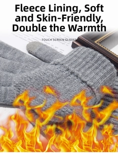 Detail of warm grey knit gloves with fleece lining and touch screen finger tips