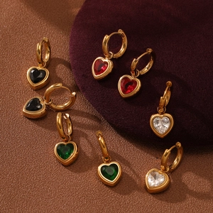 Heart Drop Earrings Gold Plated Stainless Steel Cubic Zirconia Colorful Dangle Huggie Earrings For Women Trendy Style