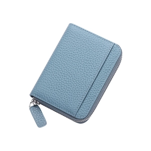 Light blue genuine leather accordion card wallet with RFID protection and zip closure