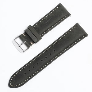 Deep green crazy horse leather watch strap with silver buckle and contrast stitching