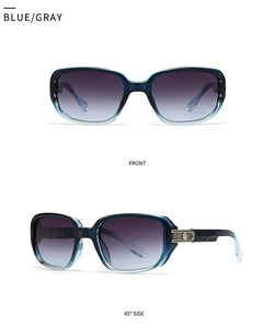 Detail view of square aviator sunglasses with blue-gray gradient lenses and metal hinges