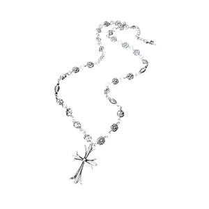 Vintage silver cross pendant necklace set with floral motif chain links for women