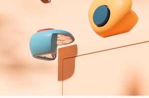 Detail view of L-shaped silicone corner guards with 3M adhesive for child safety