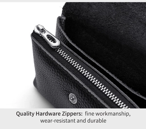 Macro shot of durable silver metal zipper on textured black leather coin purse